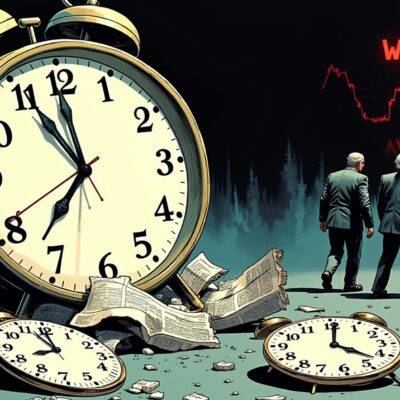An illustration of a clock striking midnight with its hands frozen at 12:00 and a calendar page torn out showing August; three clocks shattered on the ground below; a faint image of a stock exchange ticker in the background displaying "WITHDRAWN" in red letters, as two figures (one representing NYSE American and Nasdaq International Securities Exchange) walk away from the wreckage