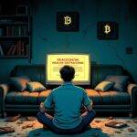 An illustration of a person sitting on their couch surrounded by empty wallets, broken piggy banks and scattered coins amidst a darkening room as they stare at a computer screen displaying a 'cease operations' message from Ohio's Department of Commerce. The walls are cracked, the furniture is worn out, and dust covers everything in sight, conveying feelings of despair, loss, and desperation. In the background, faint outlines of cryptocurrency symbols can be seen on old TV screens as they flicker to blackness.