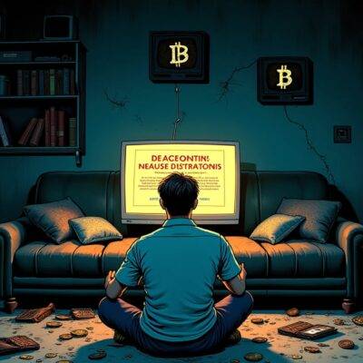 An illustration of a person sitting on their couch surrounded by empty wallets, broken piggy banks and scattered coins amidst a darkening room as they stare at a computer screen displaying a 'cease operations' message from Ohio's Department of Commerce. The walls are cracked, the furniture is worn out, and dust covers everything in sight, conveying feelings of despair, loss, and desperation. In the background, faint outlines of cryptocurrency symbols can be seen on old TV screens as they flicker to blackness.