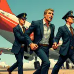 A cartoonish illustration depicting a suited figure with handcuffs being led away by two gendarmes as he looks back over his shoulder in dismay; behind him, a plane's jet engine trails smoke and flames; on the ground below, a bodyguard rushes after them while holding onto a woman who is looking worriedly at her phone.