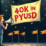 An illustration of a person holding a megaphone shouting into empty space with confetti falling around them but nobody looking at or reacting to their cry. In the background is a large banner reading '40k in PYUSD' while below it are six small flags waving, each representing one winner. The scene takes place on a darkened stage lit only by spotlights shining down from above. A faint image of a Solana logo can be seen at the top left corner and Paypal's logo is visible near the bottom right edge.