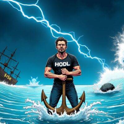An illustration: A determined-looking figure stands firm amidst a stormy sea with waves crashing down around them. The figure holds onto an anchor that reads "HODL" in bold letters, while nearby is a sinking ship labeled "$15K". In the distance, another wave crashes against rocks marked "$3K", but the figure remains steadfast and unphased by the turbulent waters. A faint outline of Peter Schiff's face can be seen on one of the waves, looking worried as he tries to warn others about the impending doom. The background is a deep blue with flashes of lightning illuminating the dark sky.