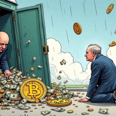 An illustration of a Port-a-Potty with its door open, spilling out trash and waste onto the sidewalk where people are crying on their knees amidst broken dollar bills and shattered coins while in the background an image of Peter Schiff is shown looking down at them disapprovingly. A bitcoin symbol (₿) lies crushed underfoot near a person's hand reaching for it but unable to grasp due to its proximity to the Port-a-Potty, with several ETF symbols floating away into the distance amidst clouds and rain indicating financial turmoil.