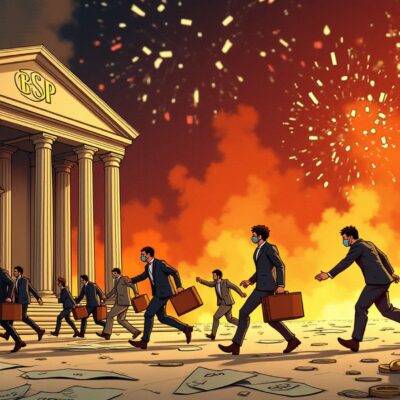 An illustration of a central bank building in flames while people are running away from it holding briefcases, surrounded by smoke and firework explosions; below them is an image of 90% being crossed out. In the background there's a calendar with '2029' marked on one page. A token-shaped coin lies broken at their feet. The central bank building has a sign that reads "BSP" in bold letters, while people are wearing business attire and masks to protect themselves from smoke. There is an image of a clock ticking rapidly above the flames indicating time running out.