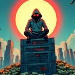 An illustration of a hacker in a hoodie sitting on top of a stack of computer servers wearing sunglasses looking down at two large piles of money, one pile is labeled as "XRP" while the other has "$6.2 million". The background shows a cityscape with skyscrapers representing Manila and there are several broken security cameras hanging from the buildings indicating hacking activity. A red circle surrounds the hacker's head to draw attention. In the foreground, two men in suits can be seen walking away looking worried as they glance back at the scene behind them.