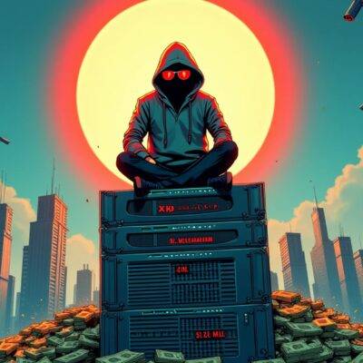 An illustration of a hacker in a hoodie sitting on top of a stack of computer servers wearing sunglasses looking down at two large piles of money, one pile is labeled as "XRP" while the other has "$6.2 million". The background shows a cityscape with skyscrapers representing Manila and there are several broken security cameras hanging from the buildings indicating hacking activity. A red circle surrounds the hacker's head to draw attention. In the foreground, two men in suits can be seen walking away looking worried as they glance back at the scene behind them.