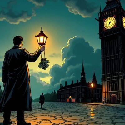An illustration of Pierre Poilievre standing in front of an old-fashioned clock tower, with cobblestone streets below him leading into darkness; he holds up a lantern as if guiding people away from something ominous looming on the horizon. In his hand is also a small bag containing coins and cash bills. The sky above has dark clouds gathering but there are hints of sunlight peeking through to suggest an impending dawn, symbolizing hope for change. A faint outline of Justin Trudeau can be seen in the distance walking towards him with a menacing shadow looming behind;
