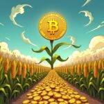 An illustration of a cornfield overflowing with golden coins amidst Bitcoin symbols sprouting from the earth like crops, surrounded by swirling clouds of tokens and gas fees in the background. A stylized BTCN token rises above the field as a yield-generating network hub connects various decentralized applications to unlock locked liquidity