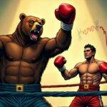 An illustration of a bear in a boxing ring with its arms raised high after knocking out an opponent; however, another boxer is seen entering the ring through the ropes while still holding onto the rope and looking determined, symbolizing that despite one side's victory there may be more battles to come. The background has torn curtains hanging from broken hooks indicating chaos and turmoil in financial markets. A faint image of a price chart can be seen on the wall behind the bear with red lines tracing downward representing falling prices.