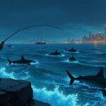 An illustration of two Ethereum traders, one dressed as a fisherman casting his line into dark waters while another stands at the edge looking worried. The water is filled with sharks representing frontrunners and other sea creatures symbolizing complex transactions. A few private order flow boats are seen sailing away from the chaos in the distance. In the foreground, gas prices rise like waves crashing against a shore marked "Public Queue".  At nightfall, city lights illuminate blockbuilders' headquarters as they cast their lines into dark pools below.