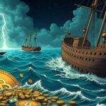 An illustration of a sinking ship with anchors and ropes breaking free from the hull, while above it several yachts are sailing away into the distance amidst stormy seas; at the bottom of the sea floor lies an empty wallet surrounded by coins slowly disappearing down a drain. A giant Bitcoin is shown being halved in two pieces as they sink below the waves together with other smaller Bitcoins and dollar bills. In the background, clouds made from smoke billow out into space while lightning illuminates the dark sky; nearby several seagulls are flying away carrying small bags of money.