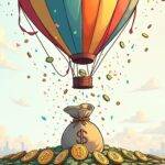An illustration depicting an inflated balloon with confetti and streamers, floating upwards amidst colorful clouds; at its base is a money bag overflowing with cash while nearby are scattered various cryptocurrencies' logos on the ground.  The background features subtle waves resembling those of water or stock market fluctuations. In the distance, there's a faint outline of a cityscape under construction, symbolizing growth and development. A few coins can be seen falling from above into the money bag below as if they're being collected by it;