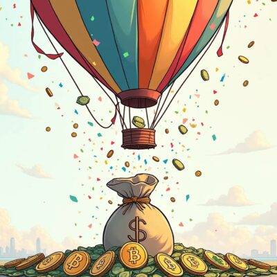 An illustration depicting an inflated balloon with confetti and streamers, floating upwards amidst colorful clouds; at its base is a money bag overflowing with cash while nearby are scattered various cryptocurrencies' logos on the ground.  The background features subtle waves resembling those of water or stock market fluctuations. In the distance, there's a faint outline of a cityscape under construction, symbolizing growth and development. A few coins can be seen falling from above into the money bag below as if they're being collected by it;