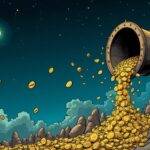 An illustration of a giant pump with an overflowing bucket at the top spilling coins into it from above while below in the background many broken bank vaults are shown. The scene is set against a dark blue sky filled with stars as if night time, but there's also a bright moon shining down on everything giving off a sense of irony and contrast to what's happening. A few scattered tokens can be seen floating away from the pump into space while others fall back towards it in an endless cycle.