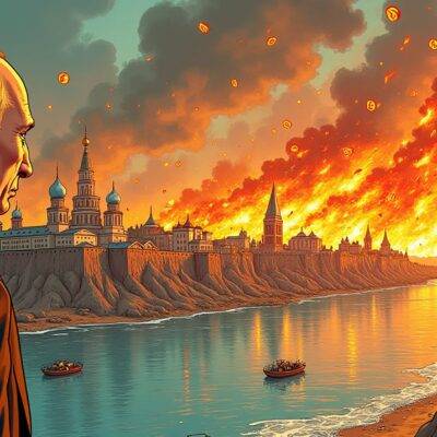 An illustration depicting Vladimir Putin standing at the edge of a cliff overlooking an economy being consumed by flames and chaos caused by swirling cryptocurrencies. In the background, various Russian landmarks are engulfed by fire as digital currency symbols dance around them. The Bank of Russia is shown in the distance trying to put out the fires with buckets of water while cryptocurrency mining rigs line the shore below. Putin looks on with a concerned expression as he holds onto his hat due to strong winds blowing from the flames.
