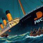 An illustration depicting a sinking ship with PwC's logo on its stern, while Ernst & Young and KPMG are shown in smaller boats approaching from either side to rescue the fleeing passengers who represent corporate clients leaving their services due to regulatory issues. The background is darkening as night falls, symbolizing uncertainty and turmoil for PwC amidst a backdrop of financial chaos caused by Evergrande's audit scandal.