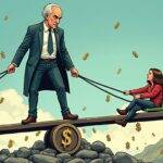 An illustration of a stern-looking banker standing on top of an unstable seesaw with one end representing stablecoins and the other national currency. The banker is holding onto both ends tightly while looking down at two people trying to balance each other out below, as they are surrounded by dollar signs floating in mid-air. In the background, there's a faint image of Elvira Nabiullina standing on top of a mountain with her arms stretched wide open and a determined look on her face.