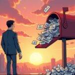An illustration: A cartoon regulator stands proudly in front of an overflowing mailbox filled with letters labeled as 'Support', while another figure representing public opinion looks on skeptically from behind. The background features Hong Kong's skyline at sunset amidst swirling clouds that resemble regulatory frameworks, and a faint image of the stablecoin logo is visible near the horizon. In contrast to the regulator's triumphant pose, their shadow appears hesitant or uncertain about something in the distance.