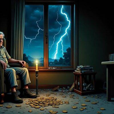 An illustration of an old man sitting alone in his dimly lit room surrounded by broken furniture and scattered papers with a single candle burning out; outside through the window is seen a dark stormy night sky filled with lightning flashes, while on the ground below lies a small pile of worthless coins amidst trash. The atmosphere conveys desperation and loss. In contrast to this scene, in another part of the room stands an old computer screen displaying charts that show sharp declines but also periods of growth;