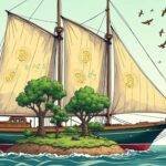 An illustration of a large yacht with its sails filled by wind blowing through bitcoin symbols; below it lies an island covered in greenery representing nature restored from environmental damage caused by human actions; on one side stands RFK Jr. looking out at the sea while holding up a small globe, and on the other side is a person planting trees as birds fly overhead symbolizing hope for a better future. In the background are faint outlines of cities with smokestacks replaced by wind turbines generating clean energy. The yacht's name 'Hope' is written in bold letters across its stern.