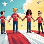 An illustration of Robert F. Kennedy Jr., Nicole Shanahan, Donald Trump, Kamala Harris, Tim Walz standing on top of a large American flag with their hands clasped together forming a unity chain while holding onto each other's shoulders and wearing matching "Unity Party" t-shirts; in the background is an image of Bitcoin toilet paper rolls floating away from them. The group stands amidst a sea of ballots with some having Trump, Kennedy Jr.