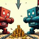 An illustration: A cartoonish image depicting two large mining machines facing each other with their arms crossed; one machine has a red flag and the other a blue flag; in front of them lies a pile of coins labeled '2.28 million'; both machines are surrounded by broken chains, suggesting tension or conflict; above the scene is an arrow pointing downwards to emphasize decline or fall.  The illustration style should be reminiscent of comic books from the early 20th century with bold lines and vibrant colors used for dramatic effect.