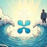 An illustration of a Ripple logo surrounded by waves in calm waters on one side but turbulent, chaotic water on the opposite side where an image resembling Congressman Brad Sherman is standing at the edge looking out into the distance. The background has subtle hints of Republican and Democratic party symbols intertwined amidst clouds with sun rays shining down upon them. A faint outline of a movie camera can be seen in the corner near the calm waters section, pointing towards Ripple's logo.