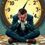 An illustration of a man sitting on the floor, crying uncontrollably with his head between his knees and tears streaming down his face. He is surrounded by broken glass, shattered papers, and scattered coins in various denominations including XRP tokens. A large clock looms above him displaying 12:00 PM as if time has stopped for this moment of despair. The man's suit is torn and tattered with a faint image of the Ripple logo visible on his jacket lapel.