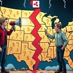 An illustration: A divided United States map with a red line splitting it into two parts, one side filled with dollar signs and the other side filled with question marks; above them are opposing arrows pointing towards each other. In the background is an image of Elizabeth Warren holding a megaphone while Brad Garlinghouse stands in front of her looking disappointed. A Ripple logo floats near his head as he points to it, surrounded by broken chains symbolizing freedom and innovation. The scene takes place against a backdrop of dark clouds with lightning bolts illuminating them.