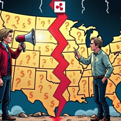 An illustration: A divided United States map with a red line splitting it into two parts, one side filled with dollar signs and the other side filled with question marks; above them are opposing arrows pointing towards each other. In the background is an image of Elizabeth Warren holding a megaphone while Brad Garlinghouse stands in front of her looking disappointed. A Ripple logo floats near his head as he points to it, surrounded by broken chains symbolizing freedom and innovation. The scene takes place against a backdrop of dark clouds with lightning bolts illuminating them.