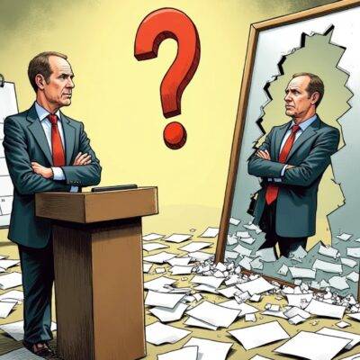 An illustration of Brad Garlinghouse standing at a podium looking frustrated with his arms crossed while behind him there is an image of Gary Gensler's face in a broken mirror. In front of them are scattered papers, torn apart by two opposing hands representing inconsistent regulations. A giant question mark looms above the scene and to their left stands a large calendar showing 2023 as if time itself was stuck due to regulatory uncertainty.