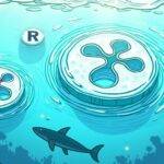 An illustration of an ocean wave with ripples spreading outwards and upwards. A dollar sign is embedded within one ripple while another contains a stylized image of XRP's logo. The background features faintly visible waves crashing against rocks to convey turmoil, contrasting sharply with the calmness at the surface where RLUSD stablecoin symbol appears as part of an underwater scene filled with sea creatures swimming in harmony. A subtle gradient effect gives the impression of depth and movement within the water.