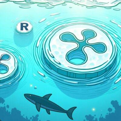 An illustration of an ocean wave with ripples spreading outwards and upwards. A dollar sign is embedded within one ripple while another contains a stylized image of XRP's logo. The background features faintly visible waves crashing against rocks to convey turmoil, contrasting sharply with the calmness at the surface where RLUSD stablecoin symbol appears as part of an underwater scene filled with sea creatures swimming in harmony. A subtle gradient effect gives the impression of depth and movement within the water.