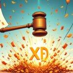 An illustration of a judge's gavel in mid-air with confetti and balloons falling from above it amidst an explosion of fireworks; below the gavel is a large XRP symbol surrounded by dollar signs that are being swept away like leaves on a windy day. In the background, two lawyers stand back-to-back looking relieved while holding briefcases at their sides. A faint image of a calendar can be seen in the top-left corner with 2017 marked as the year and an arrow pointing to it from above; the date is highlighted in red ink.