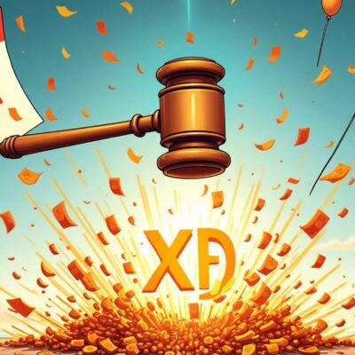 An illustration of a judge's gavel in mid-air with confetti and balloons falling from above it amidst an explosion of fireworks; below the gavel is a large XRP symbol surrounded by dollar signs that are being swept away like leaves on a windy day. In the background, two lawyers stand back-to-back looking relieved while holding briefcases at their sides. A faint image of a calendar can be seen in the top-left corner with 2017 marked as the year and an arrow pointing to it from above; the date is highlighted in red ink.