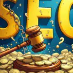 A judge's gavel falls onto a pile of coins with dollar signs and question marks scattered around it, while in the background a giant 'SEC' logo is being torn apart by chains.
