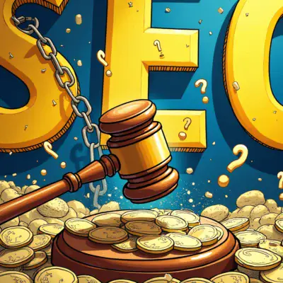 A judge's gavel falls onto a pile of coins with dollar signs and question marks scattered around it, while in the background a giant 'SEC' logo is being torn apart by chains.