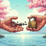 An illustration of two hands shaking with one hand holding an old-fashioned key while the other holds a futuristic-looking lock that has broken into pieces revealing XRP tokens inside, set against a background of Japanese cherry blossoms and cityscapes. A subtle ripple effect is visible in the foreground as if water was disturbed by something beneath its surface. In the distance, people are shown walking towards each other under blooming trees with some holding NFTs or smartphones displaying Web3-related content.