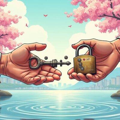 An illustration of two hands shaking with one hand holding an old-fashioned key while the other holds a futuristic-looking lock that has broken into pieces revealing XRP tokens inside, set against a background of Japanese cherry blossoms and cityscapes. A subtle ripple effect is visible in the foreground as if water was disturbed by something beneath its surface. In the distance, people are shown walking towards each other under blooming trees with some holding NFTs or smartphones displaying Web3-related content.