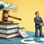 An illustration of a judge's gavel resting atop a stack of books with one book falling off as a wave ripples out, while another judge stands nearby looking at a calendar showing 90% filled in days. In the background, two figures representing Ripple and SEC are shown shaking hands over an XRP logo on the ground below them