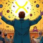 An illustration of Ripple's CEO Brad Garlinghouse standing in a courtroom with his arms raised in celebration while XRP tokens are floating around him, some bursting into confetti and others falling to pieces on the floor. In the background, Judge Analisa Torres is seen looking down at papers as if still deliberating, amidst a sea of lawyers arguing their points. The SEC's logo can be seen partially hidden behind Garlinghouse with its eyes closed in defeat while Ripple's X symbol shines brightly above it all.