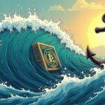 An illustration of Ripple's logo with an anchor symbolizing stability amidst waves representing turmoil. The wave crest bears a faint image of the U.S. Securities and Exchange Commission (SEC) shield, subtly conveying defeat while maintaining balance within turbulent waters. A bar of gold in the background glimmers as a token of clarity established by the court ruling that XRP is not inherently a security.