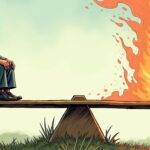 An illustration of a seesaw with one side labeled as 'Strong Dollar' and the other side labeled as 'Weaker Dollar'. A figure representing Robert Kiyosaki sits on top of the Strong Dollar side, while Peter Schiff stands at the bottom. The Weaker Dollar side is rising higher than the Strong Dollar side, but it's also depicted in flames with a downward arrow pointing towards the ground. In contrast, the Strong Dollar side has a calm and peaceful atmosphere with greenery growing around Kiyosaki's figure.