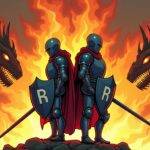 An illustration of a knight in armor, representing Robinhood Markets, standing back-to-back with another knight, symbolizing Vlad Tenev's determination and bravery; both knights are facing an approaching dragon, embodying the SEC's regulatory onslaught. The background features flames rising from below as if fueled by controversy and uncertainty. In one hand, each knight holds a shield bearing their respective logos while in the other they grasp swords ready to clash with the beast.