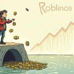 An illustration of a person recklessly throwing money into a deep well while oblivious to their surroundings; below them is an image of a rising graph representing increasing revenue. The figure at the top has coins falling out from under their hands, symbolizing lost funds. In contrast, another character stands on solid ground with arms crossed and eyes closed as if enjoying financial stability. A faint outline in the background depicts Robinhood's logo amidst swirling shapes that resemble cryptocurrency symbols.