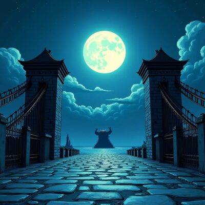 An illustration depicting a Ronin bridge with its gates wide open as if inviting users to withdraw funds without signatures; in the background, a hacker's hand can be seen holding an MEV bot "Frontrunner Yoink" which has successfully drained over $10 million worth of cryptocurrency from the bridge. The scene is set at night under dim moonlight and stars with dark clouds looming above as if foretelling impending doom. A faint image of Axie Infinity's monster can be seen in the distance, a reminder that Ronin hosts Web3 games like this popular title.