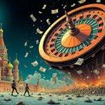 An illustration of a giant roulette wheel spinning out of control on top of Moscow Exchange building with money flying everywhere and people running away from it while St Petersburg Exchange building stands nearby looking calm, as if ready to handle the chaos. The scene is set at night under bright moonlight with stars shining in the sky above. In the foreground, there are scattered banknotes and coins amidst broken glass and debris. A faint image of a cryptocurrency symbol can be seen on one of the flying money pieces.