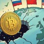 An illustration: A large globe with a cracked surface in the background; In front of it is an image of a coin (stablecoin) being dropped into a slot labeled as "cross-border payment". The stablecoin has broken through several barriers and obstacles on its way down, symbolizing Russia's move to regulate them. On top of the globe are three flags: Russian flag with a green checkmark; US dollar sign in red color indicating volatility; Chinese flag representing China which is already using Tether’s USDT for payments.