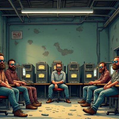 An illustration: A group of hipsters are shown sitting in an abandoned warehouse surrounded by computers and mining equipment. They're all wearing beards and sunglasses while looking uninterested at the electricity meters that show high consumption levels. The room is filled with dust, old furniture, and broken appliances. In one corner a large sign reads "Free Rent" but it's covered in cobwebs.