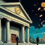 An illustration of the Bank of Russia's building with an old-fashioned clock on its facade showing 11:59 PM as it strikes midnight into a new year; in front of the bank is a large digital screen displaying cryptocurrency symbols (Bitcoin, Ethereum) amidst swirling dollar and euro signs. A faint image of Western sanctions can be seen being lifted off the ground by two people wearing suits with briefcases, while below them are stacks of cash flowing freely through pipes towards Russia's State Duma building in the background;